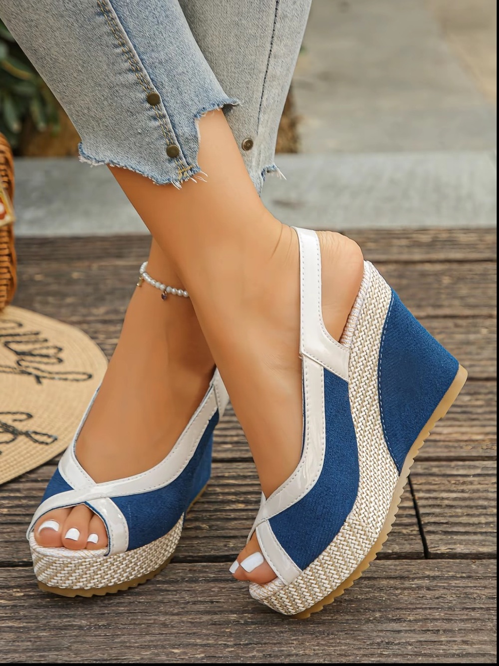 Women’s White & Blue Peep-Toe Wedge Sandals
